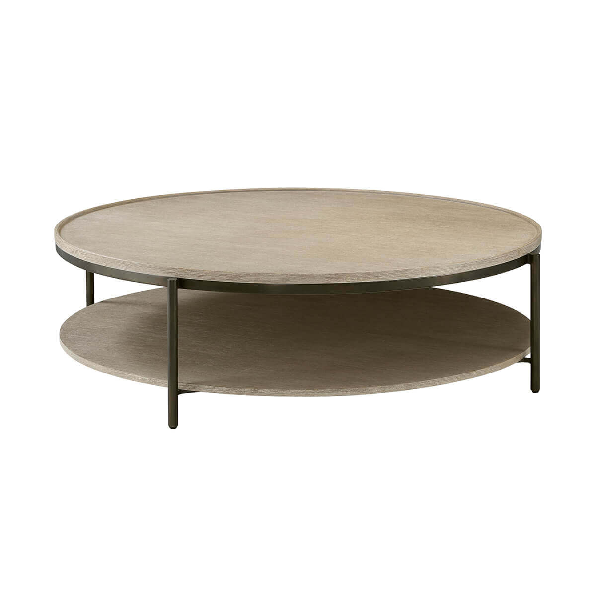 Oak round coffee table, angled perspective.