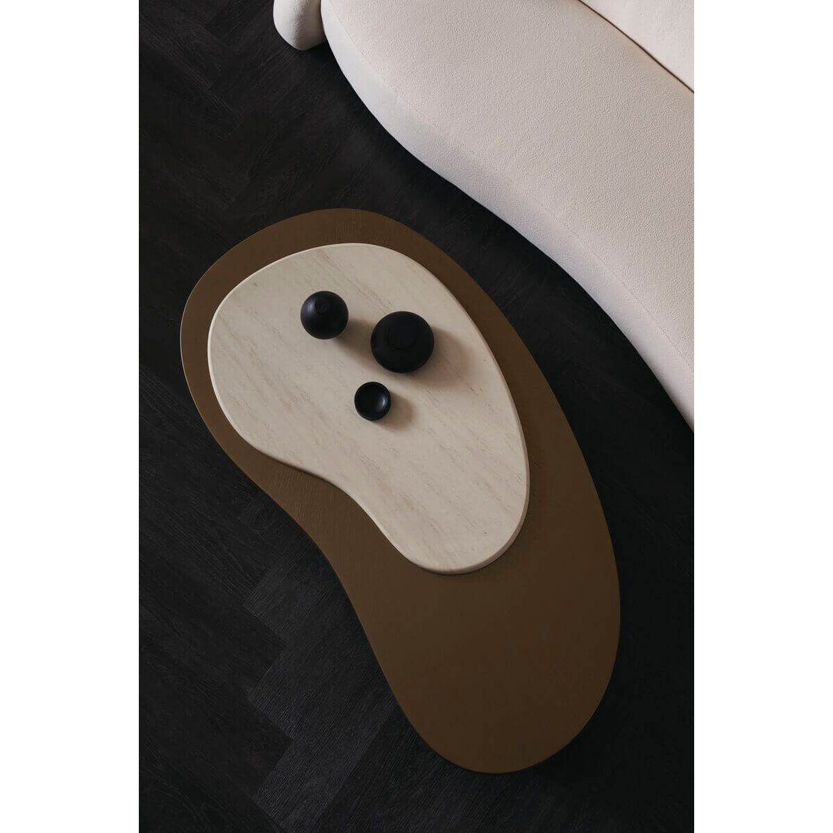 Top view of coffee table with spherical decor.