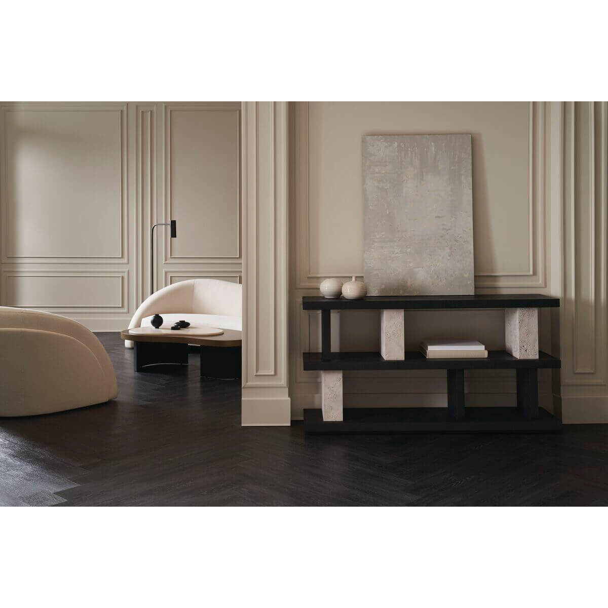 Coffee table visible in elegantly styled room, neutral tones.