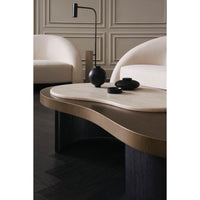 Coffee table in elegant room, decor on top.