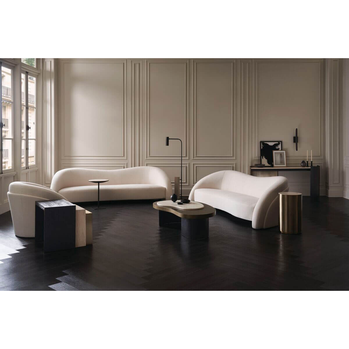 Coffee table in luxurious beige and black living room.