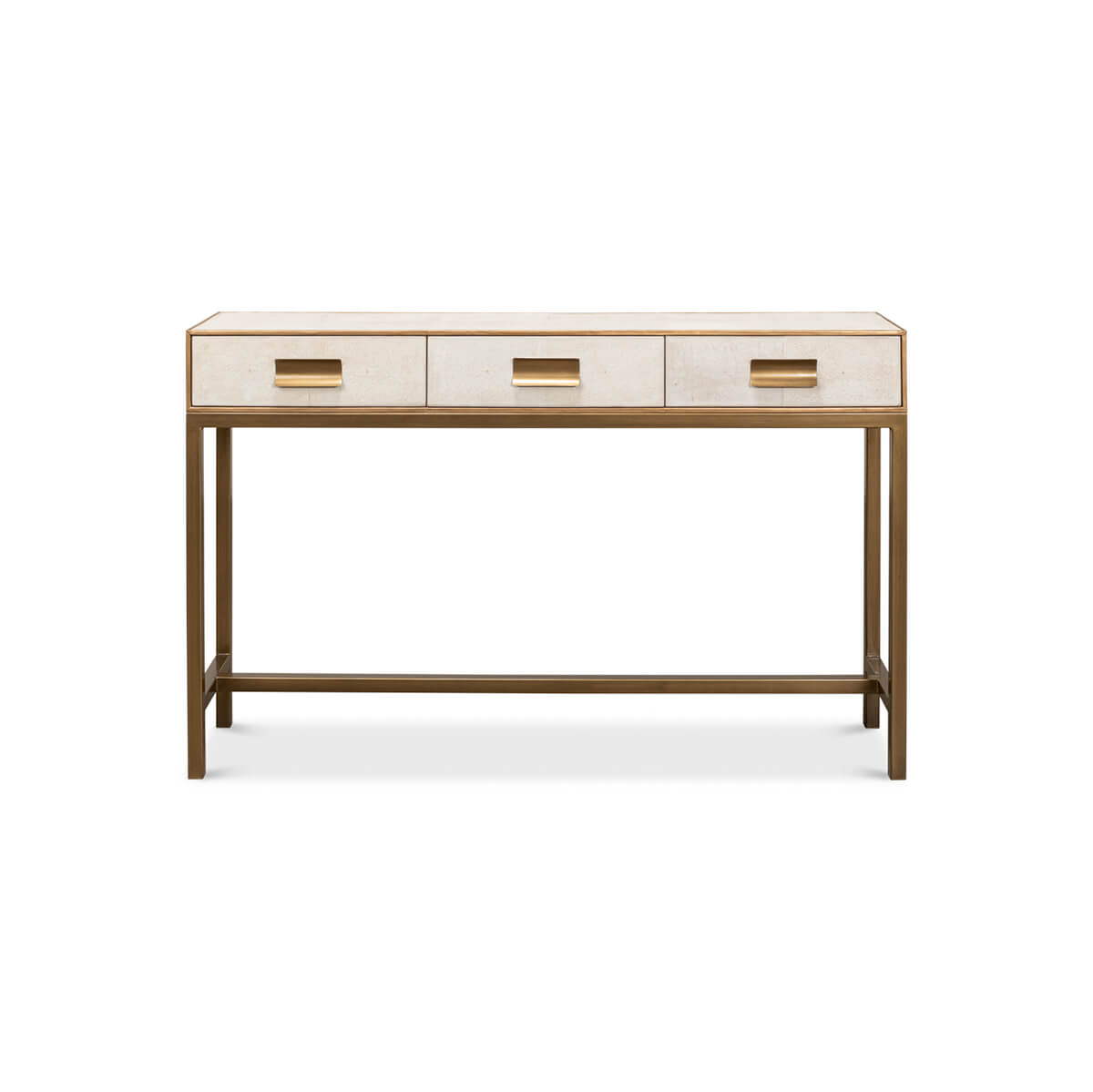Console table front view with closed drawers.