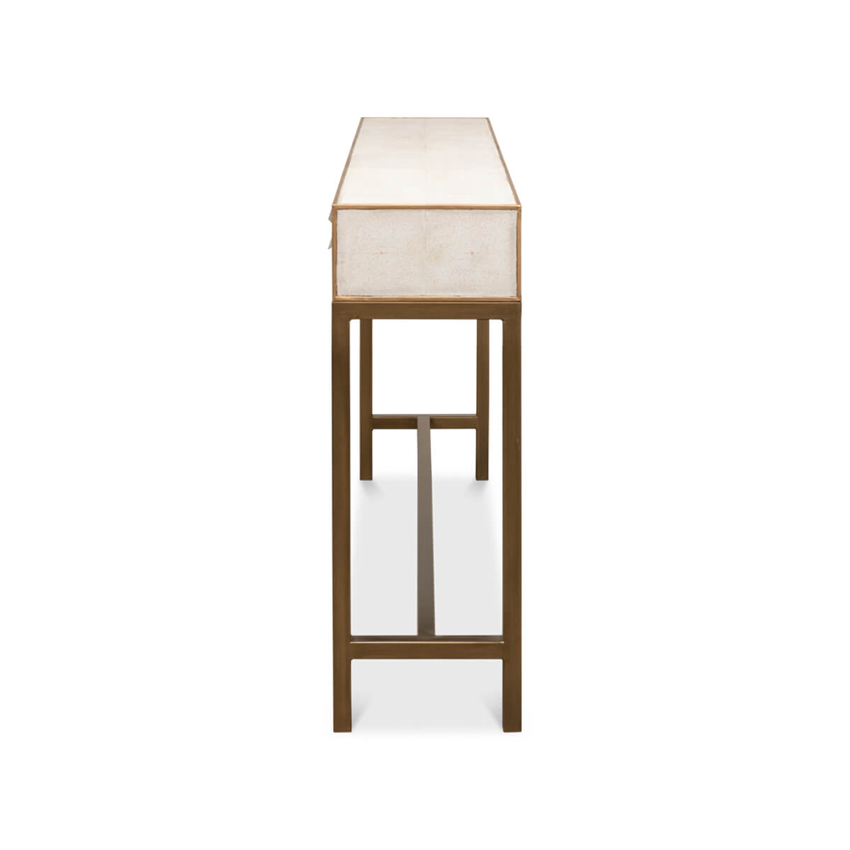 Console table side view showing slender profile.