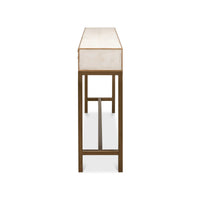 Console table side view showing slender profile.