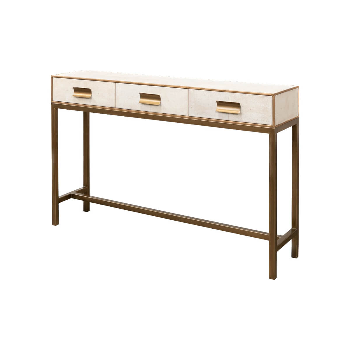 Console table angled front view with three drawers.