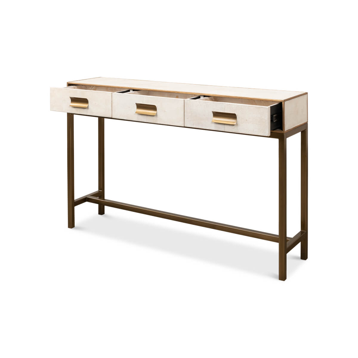 Console table with left drawer slightly open.