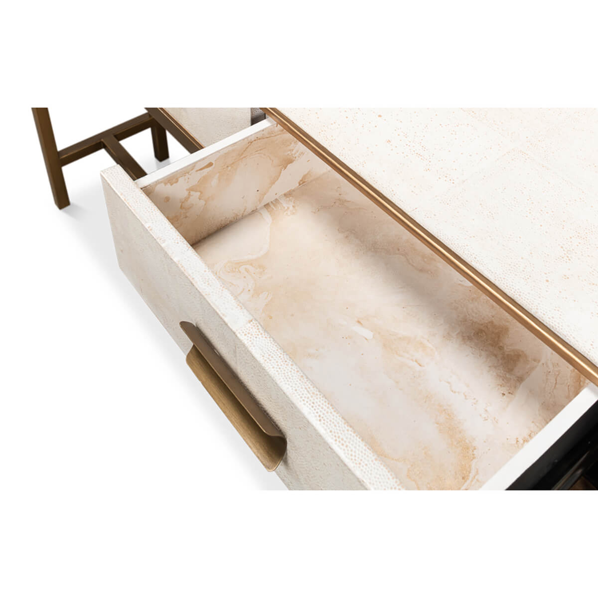 Open drawer revealing interior of console table.