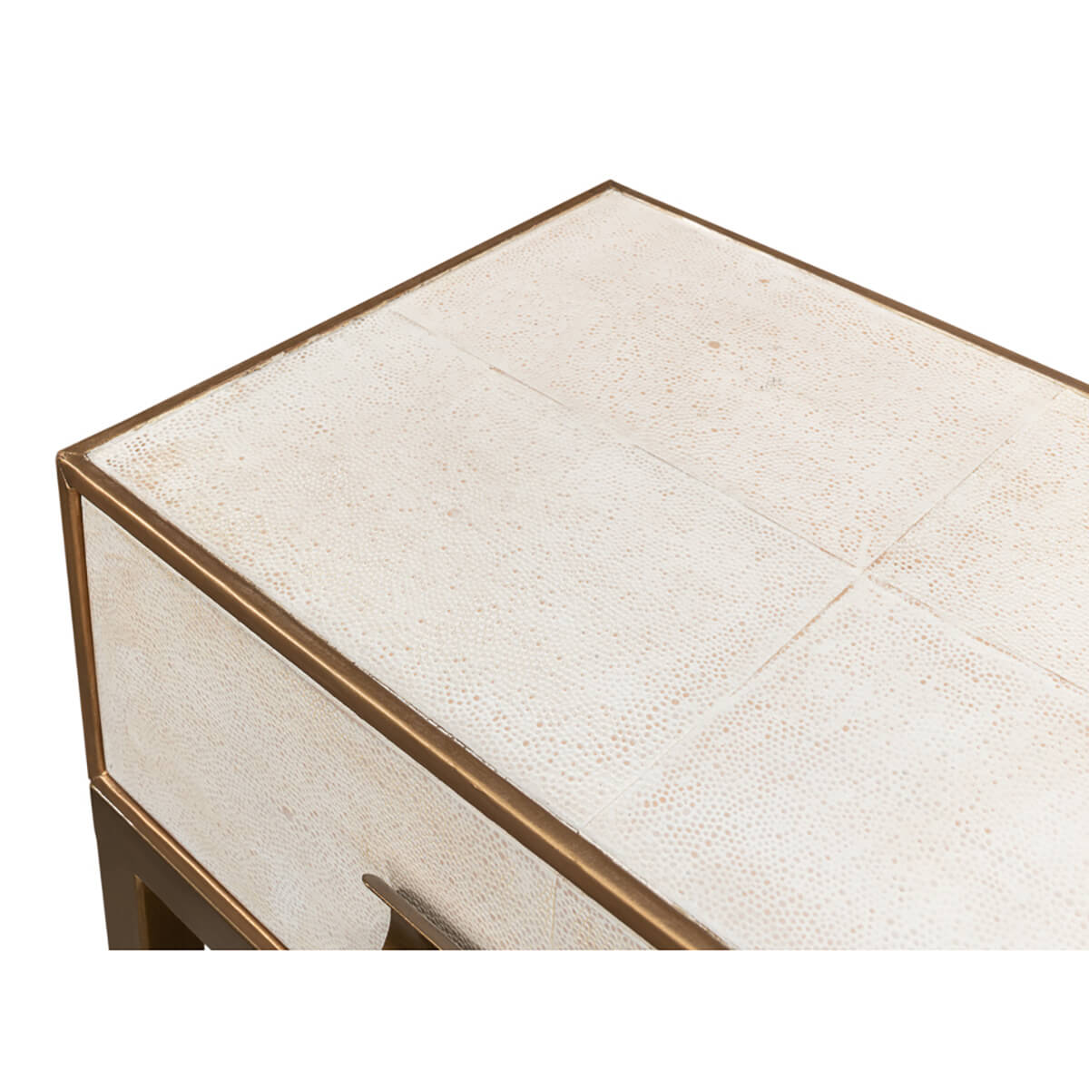 Close-up of console table's top texture detail.