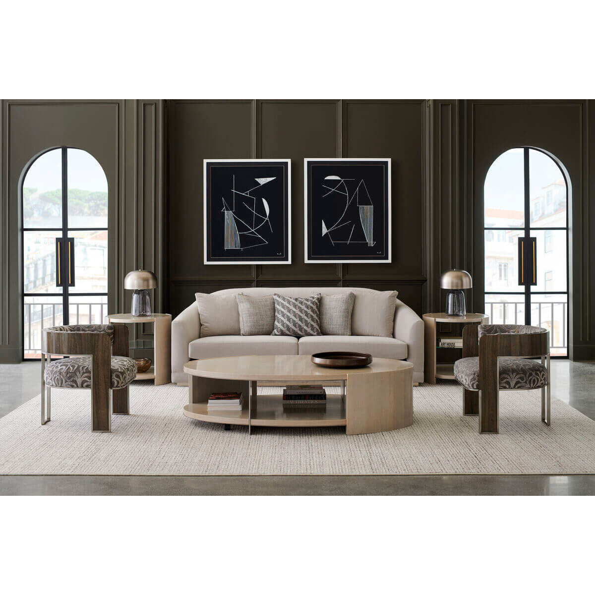 Stylish living room with modern oval cocktail table.