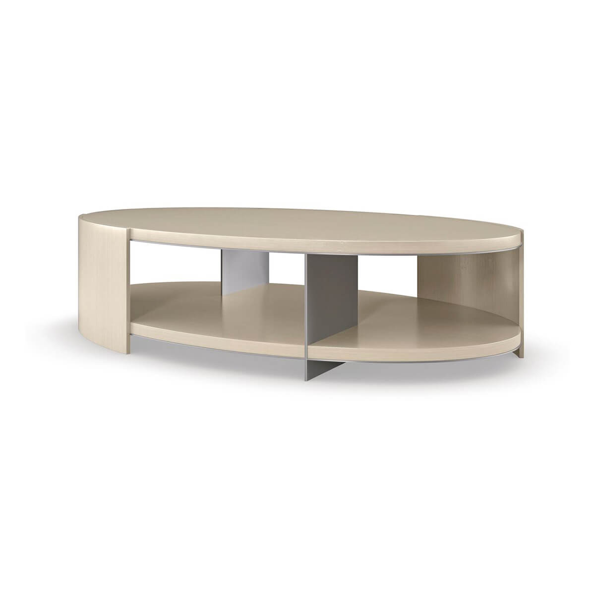 Modern oval two-tier cocktail table front view.