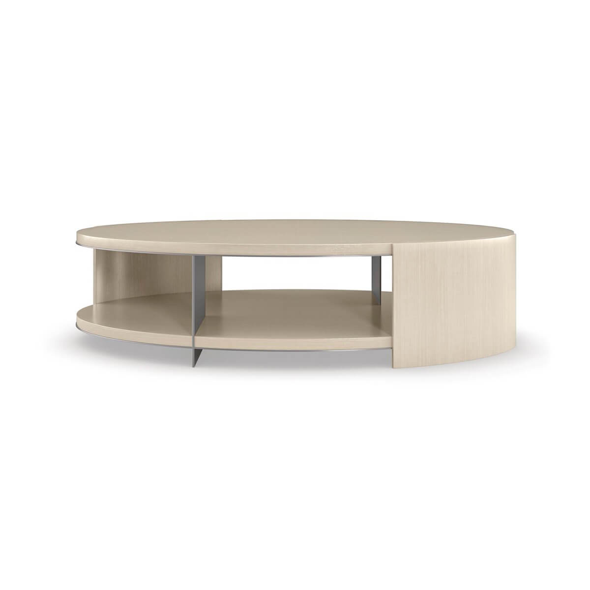 Side view of oval two-tier cocktail table.