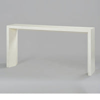 Minimalist console table, side angle on gray background.