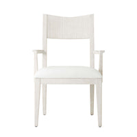 Front view of modern white dining armchair.