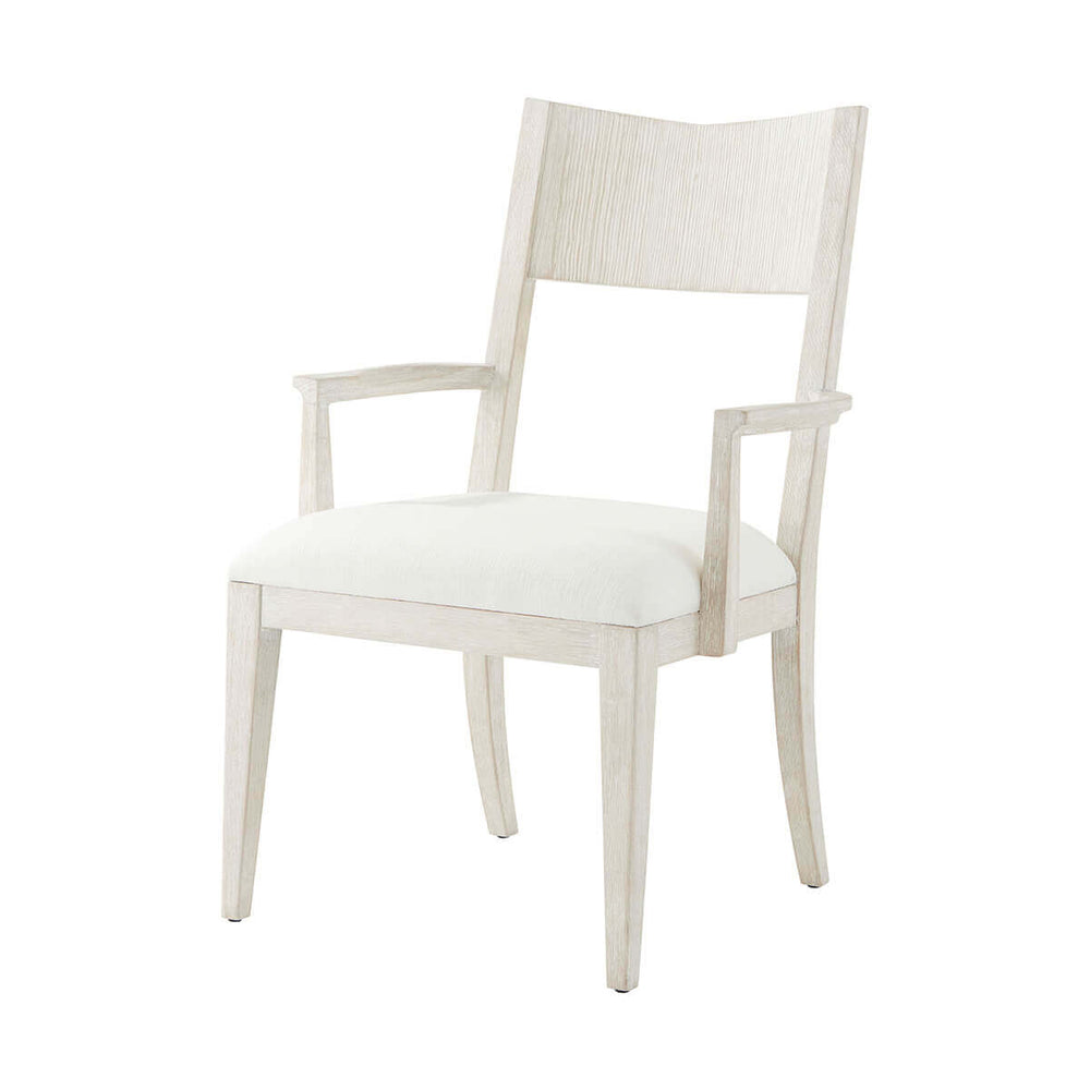 White modern dining armchair, front angle view.