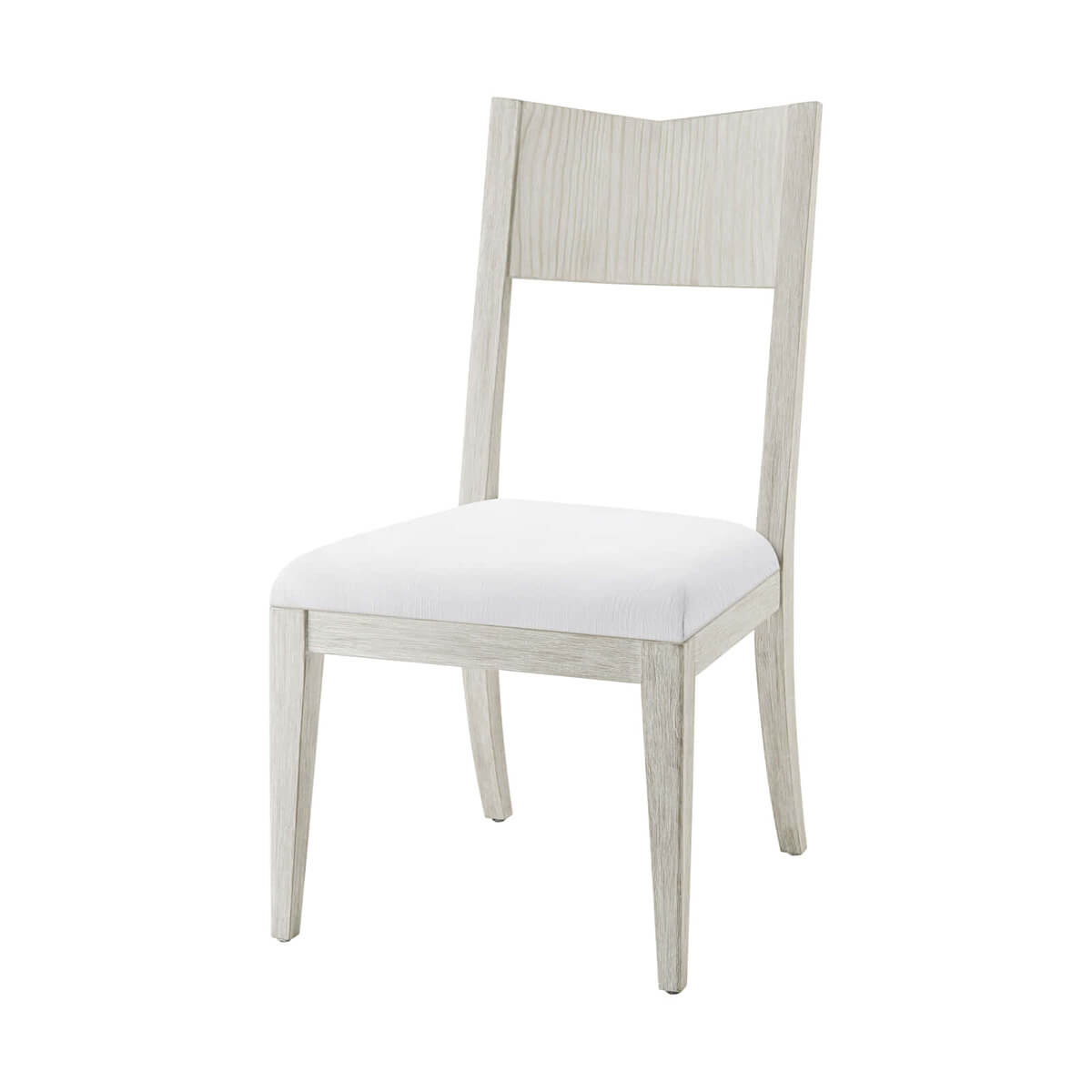 Modern painted dining chair with wooden back view.