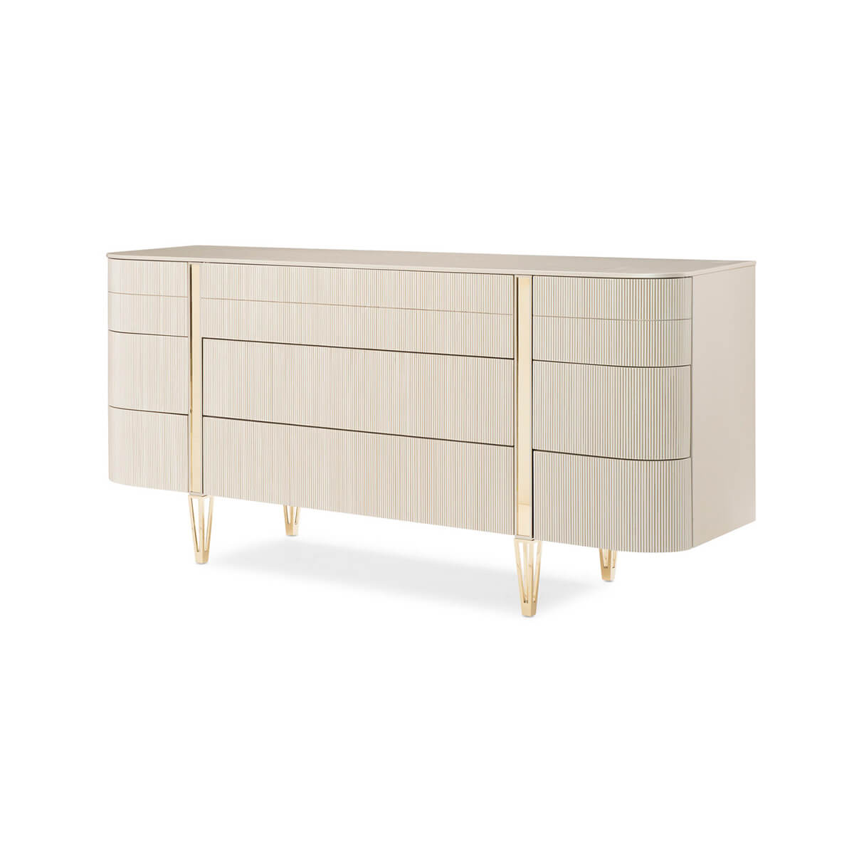 Modern painted dresser with gold legs, angled view.