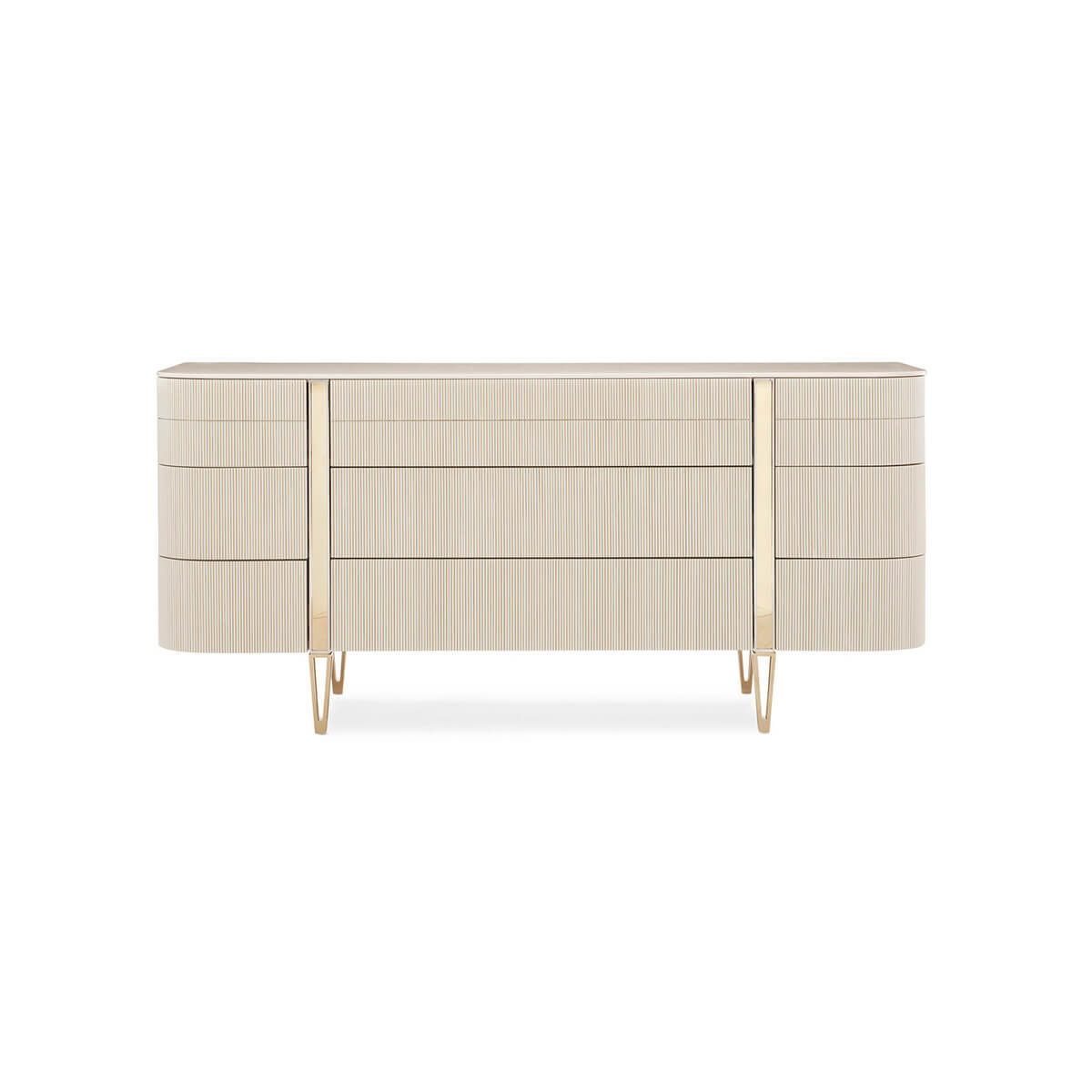 Front view of modern painted dresser with gold accents.