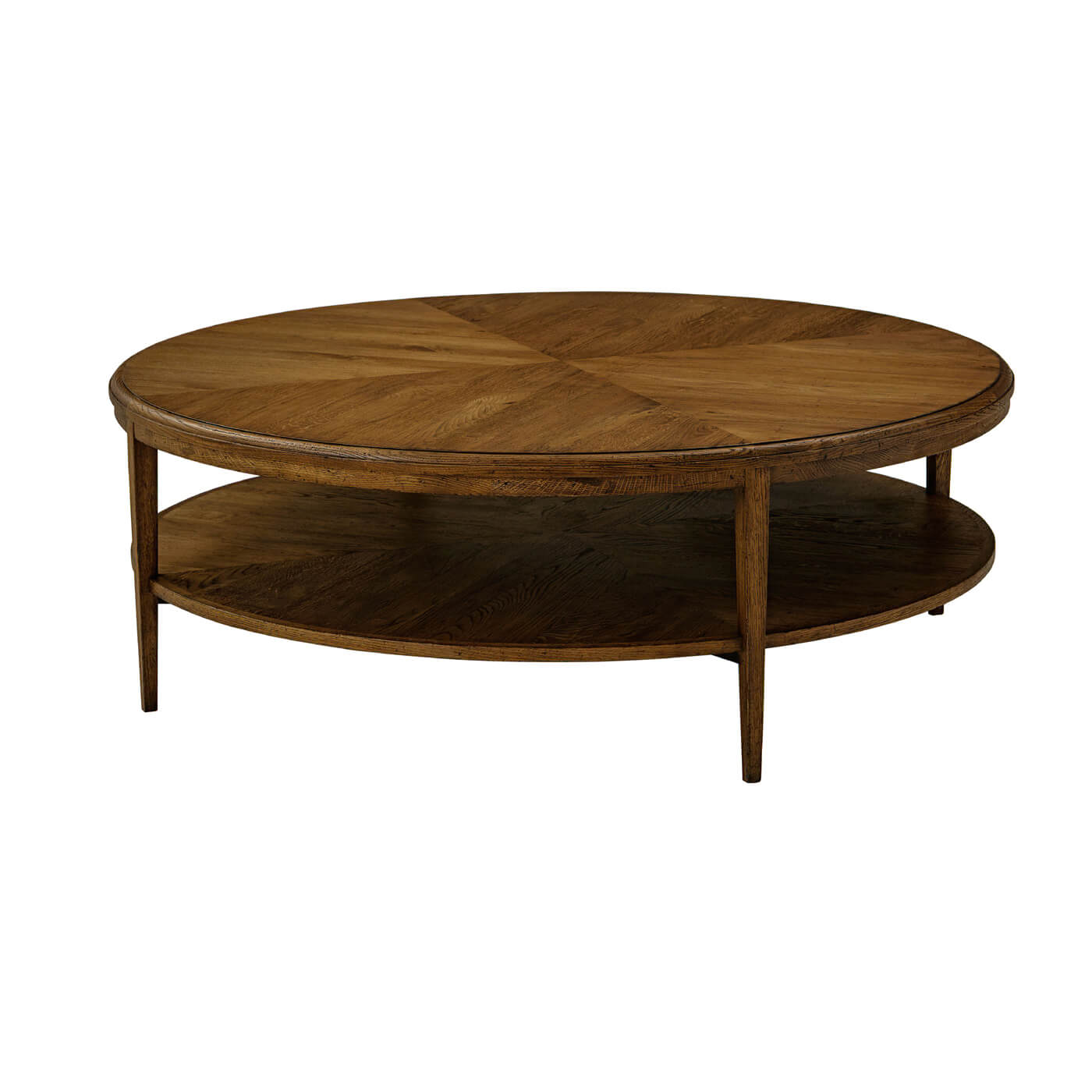 Round coffee table in dark oak with two shelves.