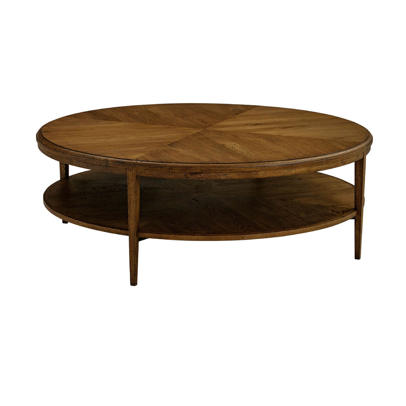 Side view of dark oak round coffee table with storage.