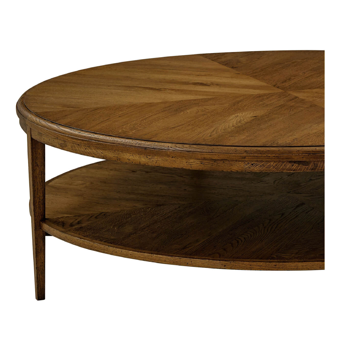 Close-up of dark oak round coffee table surface design.
