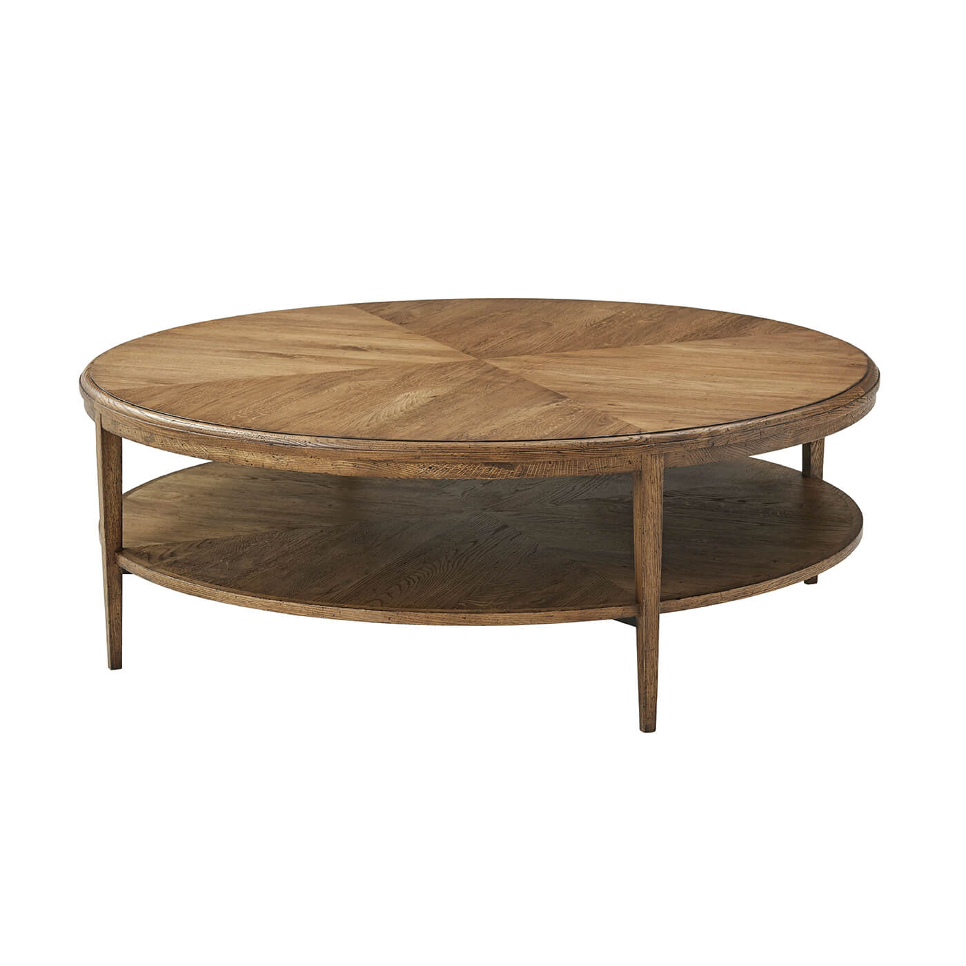 Round coffee table, light oak, top view angle.