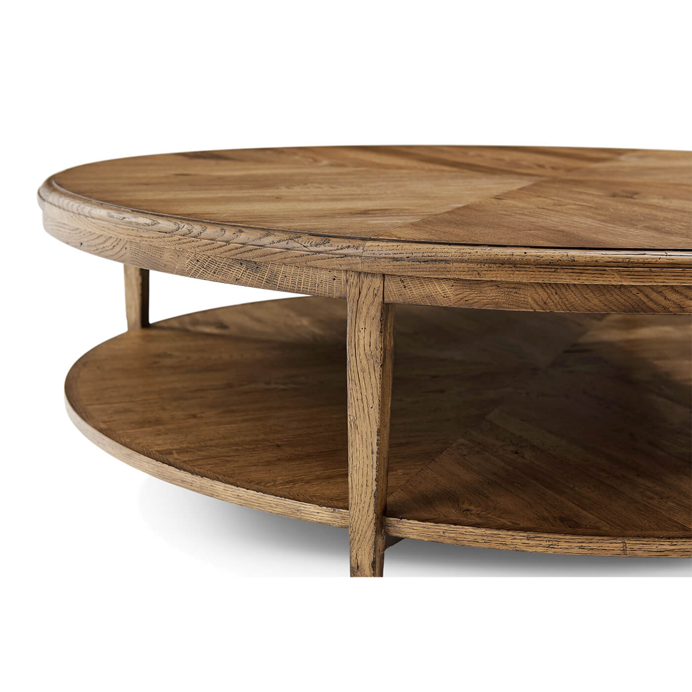 Close-up of round coffee table, oak finish.