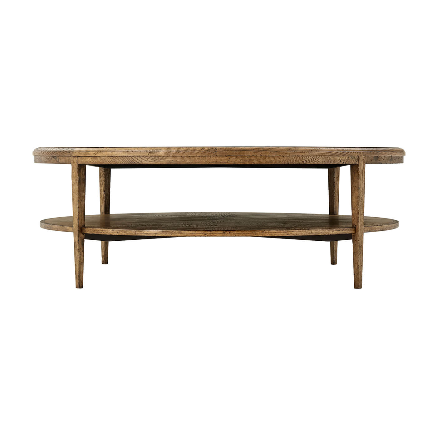 Side profile of round coffee table, light oak.