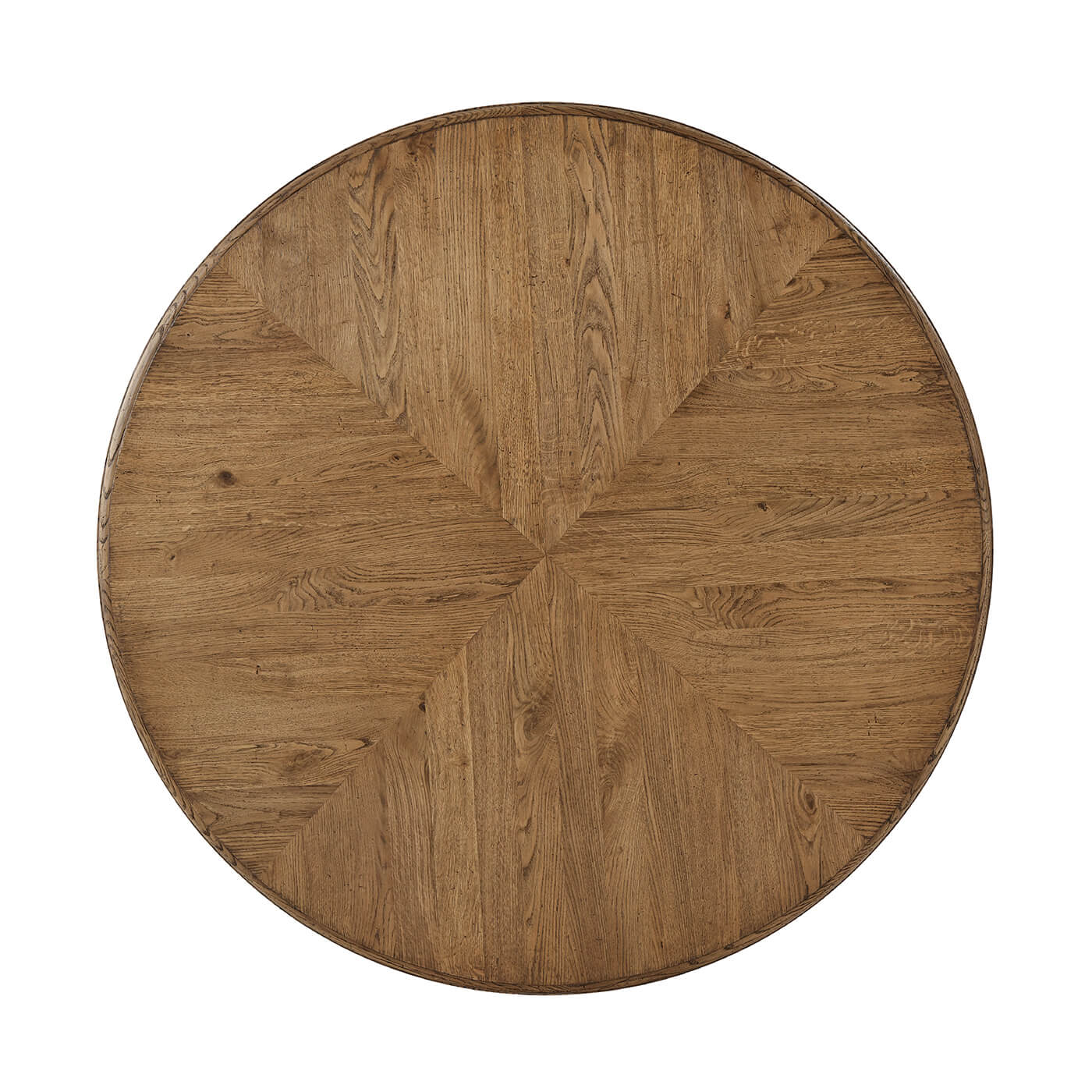Top view of round coffee table, parquet pattern.