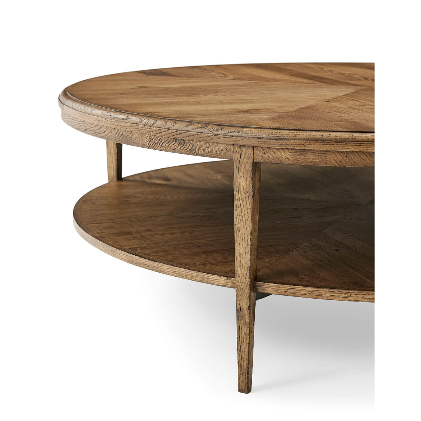 Round coffee table close-up, oak detail focus.