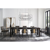 Dining table with chairs in elegant room setting.