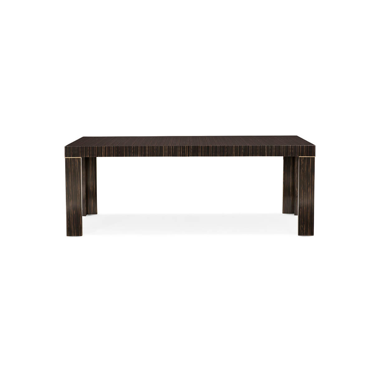 Modern dining table, straight-on end view.
