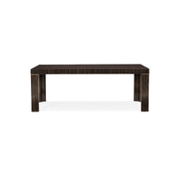 Modern dining table, straight-on end view.