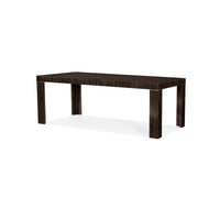 Modern dining table, angled side perspective.