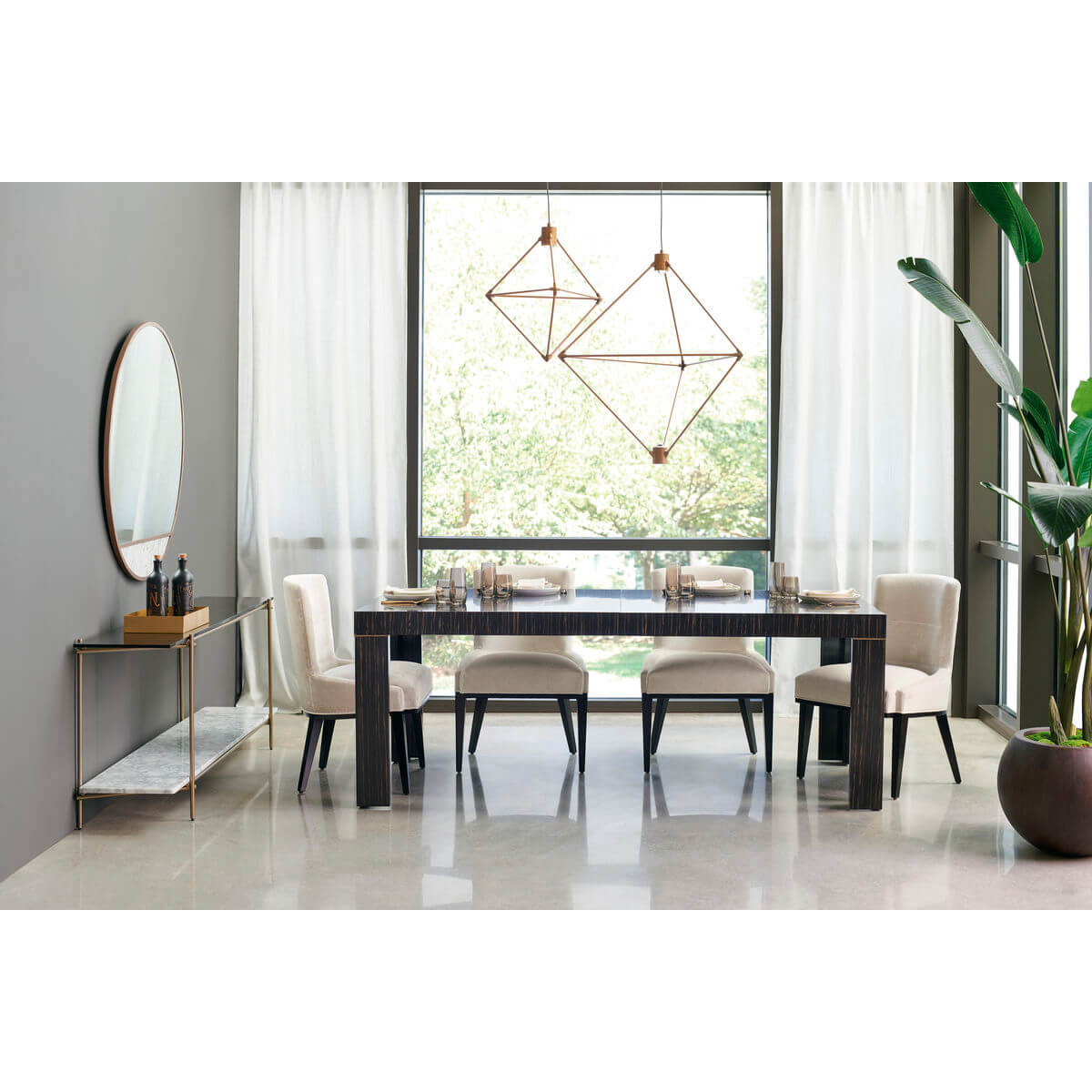 Dining table set with chairs, modern interior setting.