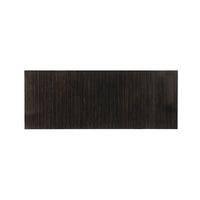 Dining table top view, dark wood finish.