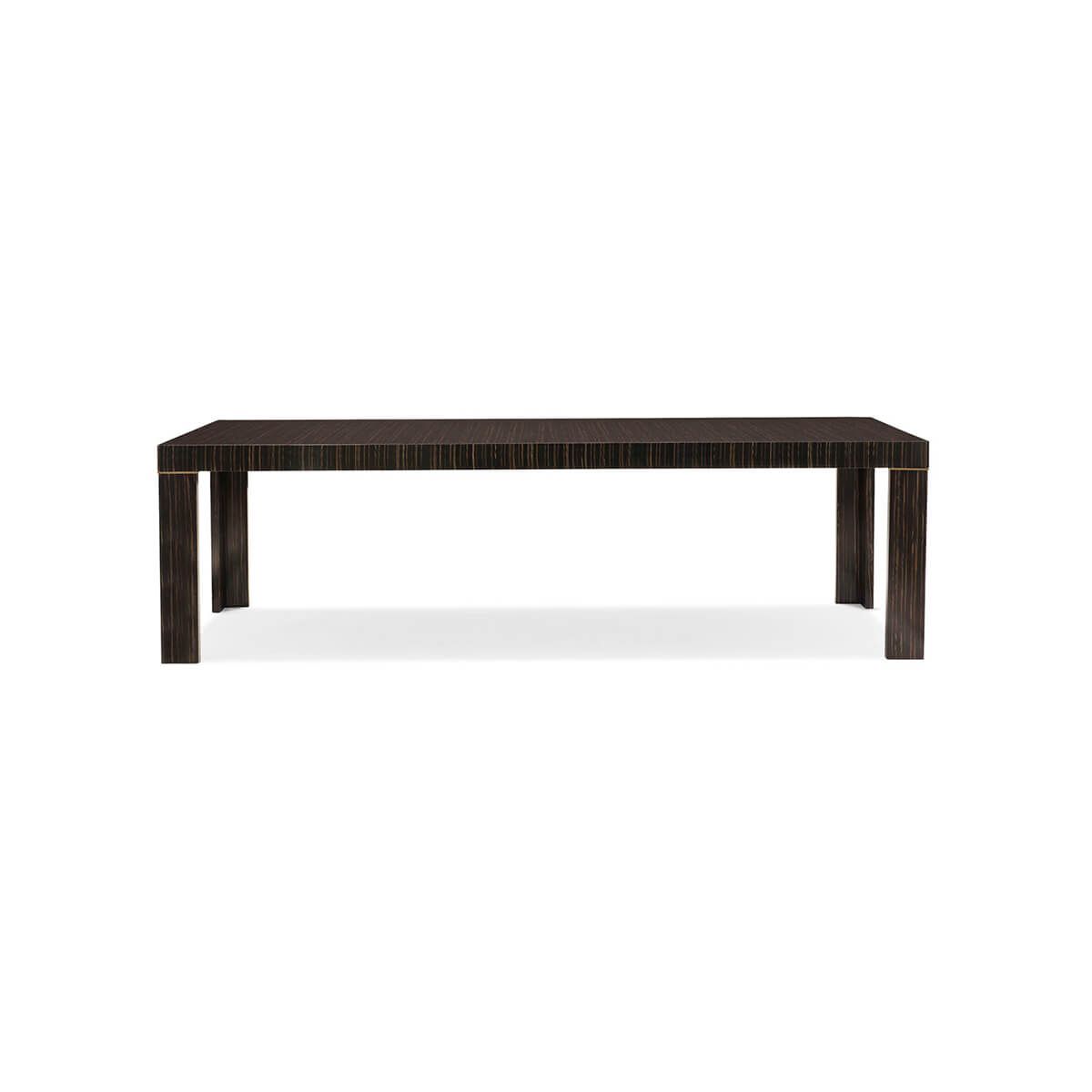 Dark wood dining table, end view perspective.