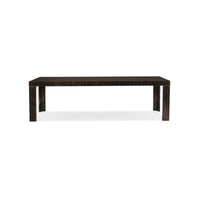 Dark wood dining table, end view perspective.