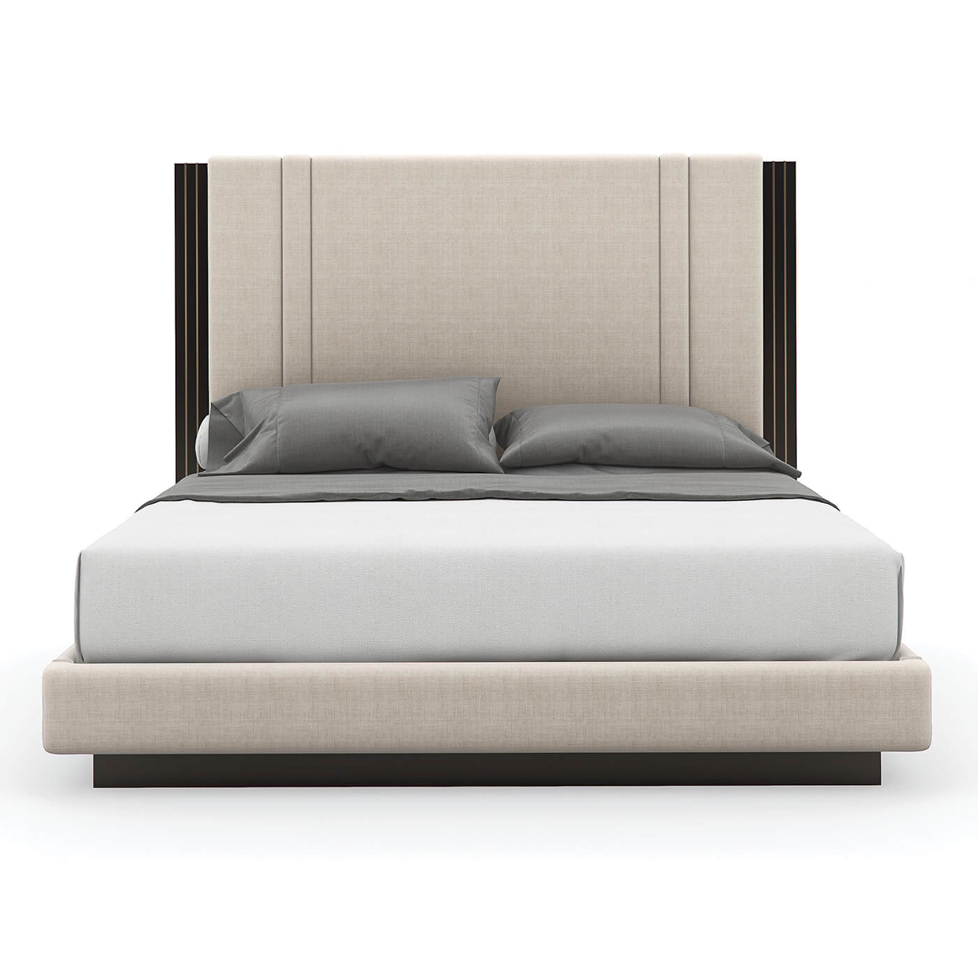 Beige king bed front view on white background.
