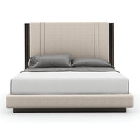 Beige king bed front view on white background.