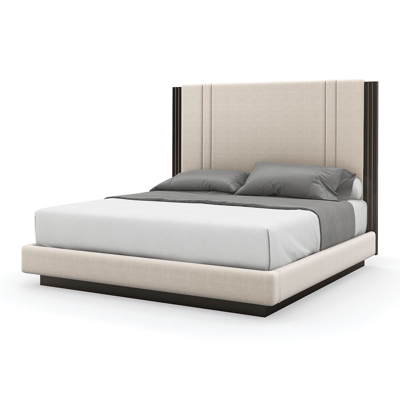 Beige king bed side angle view on white background.