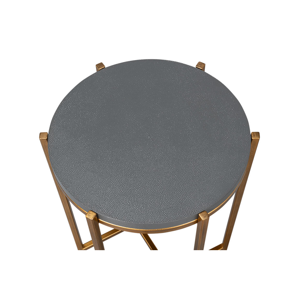 Top view of pewter leather accent table.