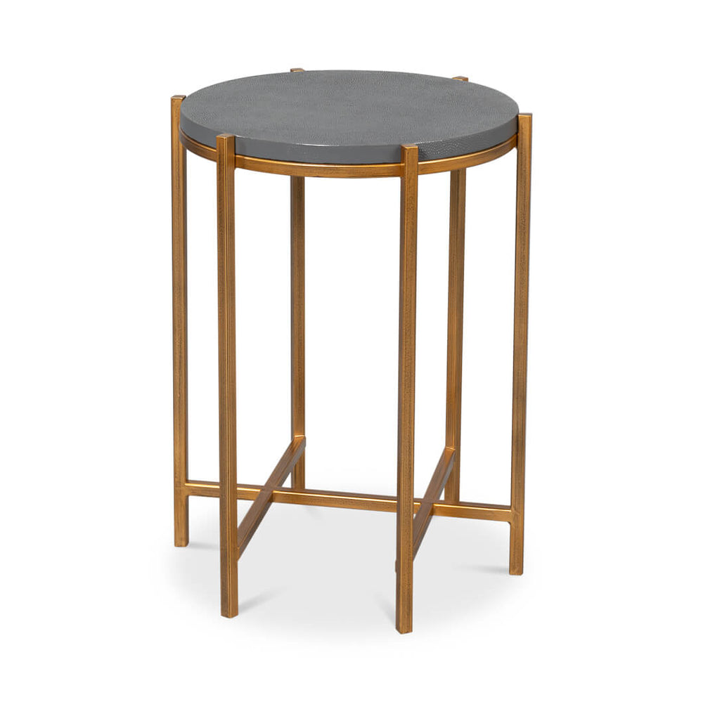 Round accent table with leather top side view.