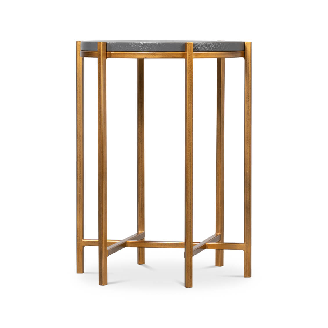 Modern accent table with cross-braced legs.