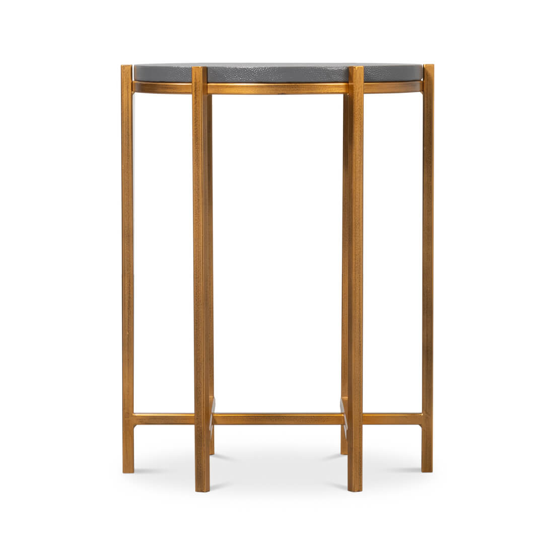 Tall side view of gold-legged accent table.