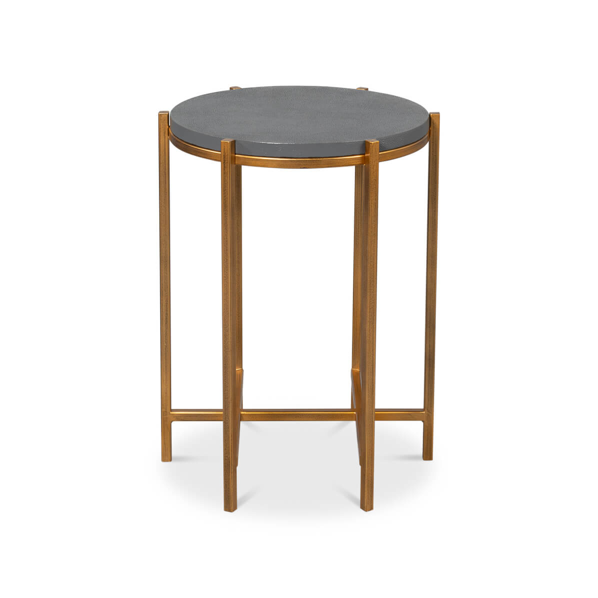 Front view of modern pewter accent table.
