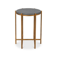 Front view of modern pewter accent table.