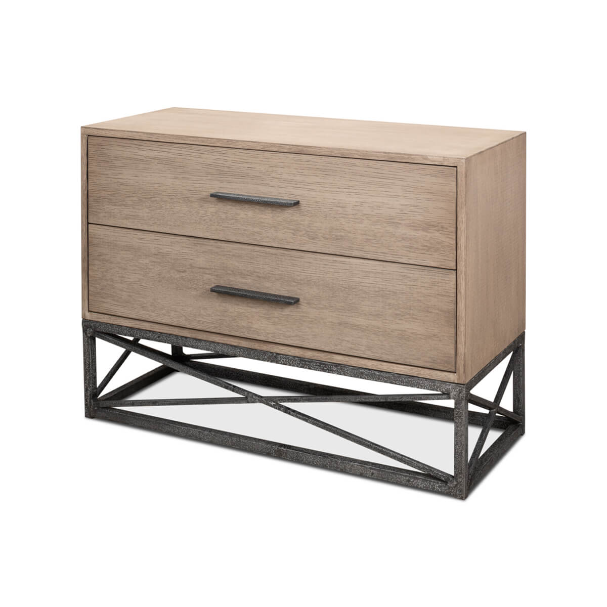 Modern chest of drawers with metal base, angled view.