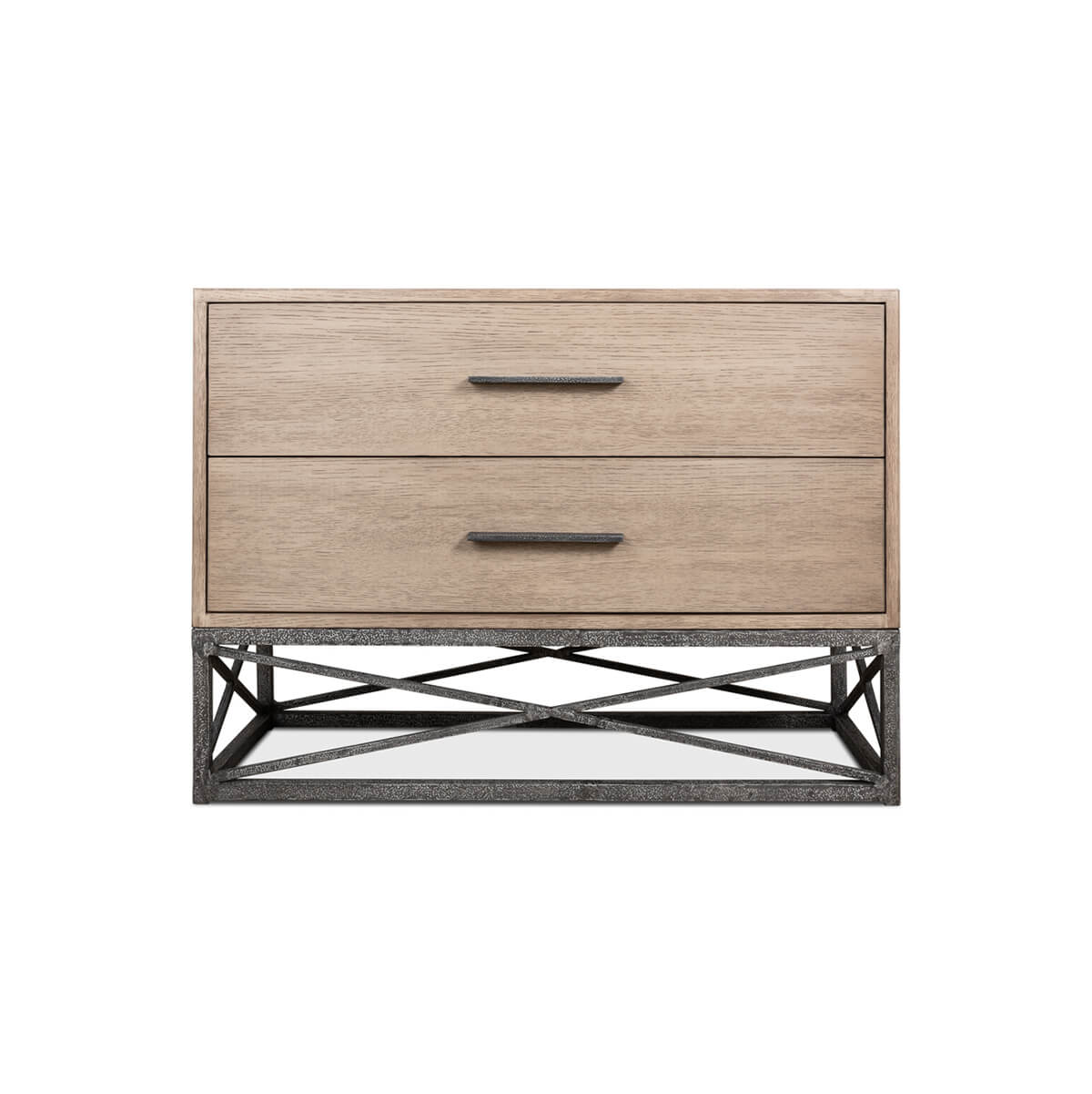 Straight-on view of modern chest, highlighting drawer design.