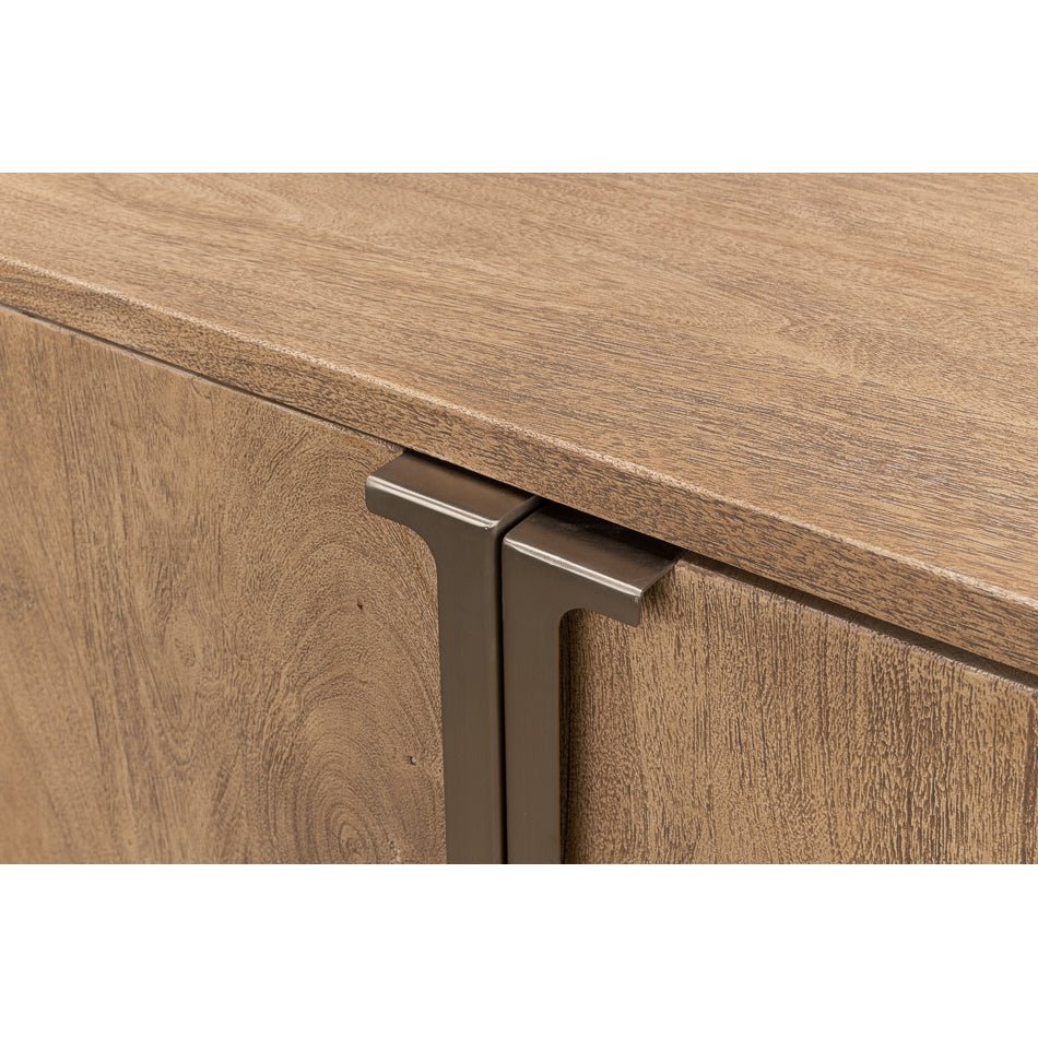 Modern pine side cabinet with metal handle detail.