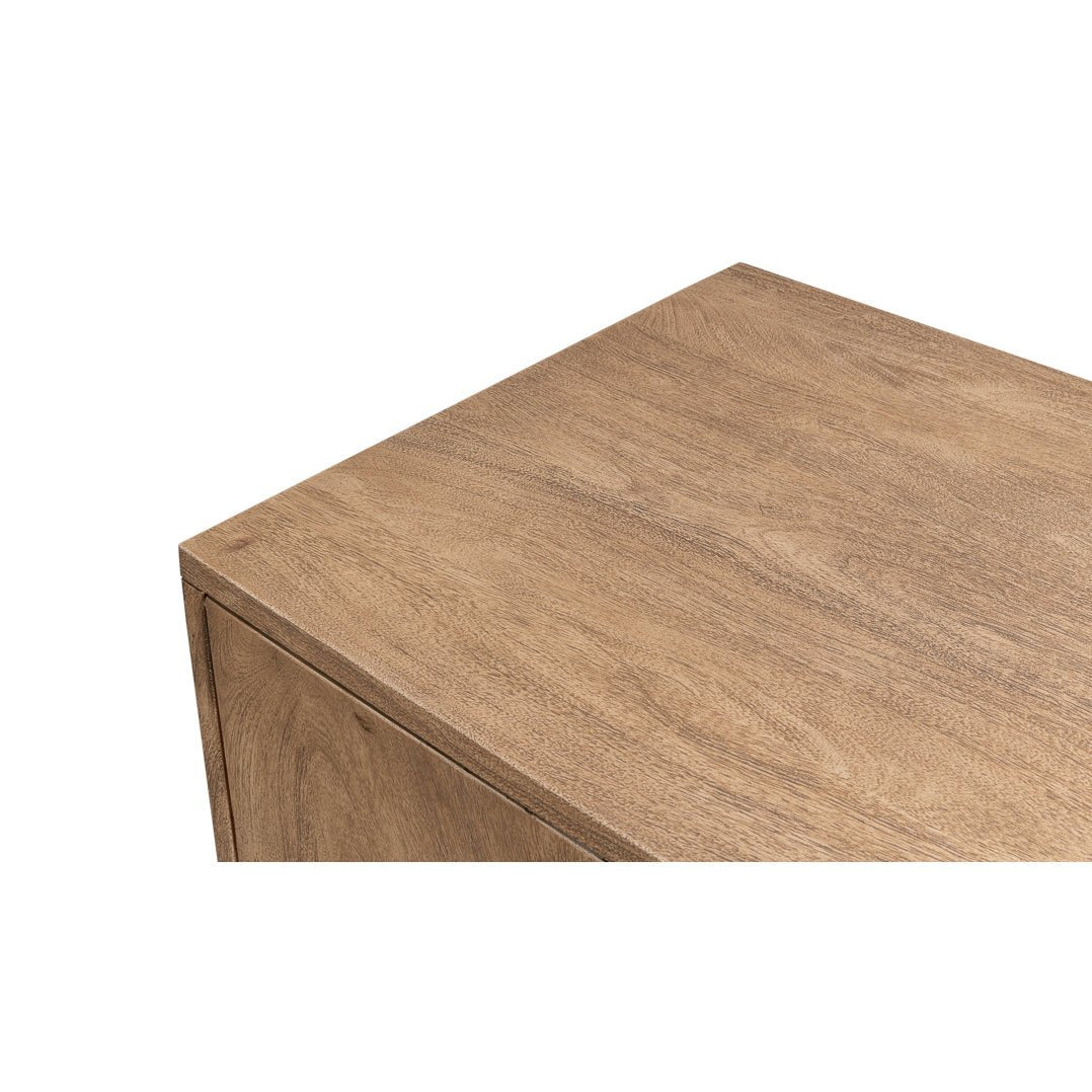 Close-up of modern pine side cabinet top surface.